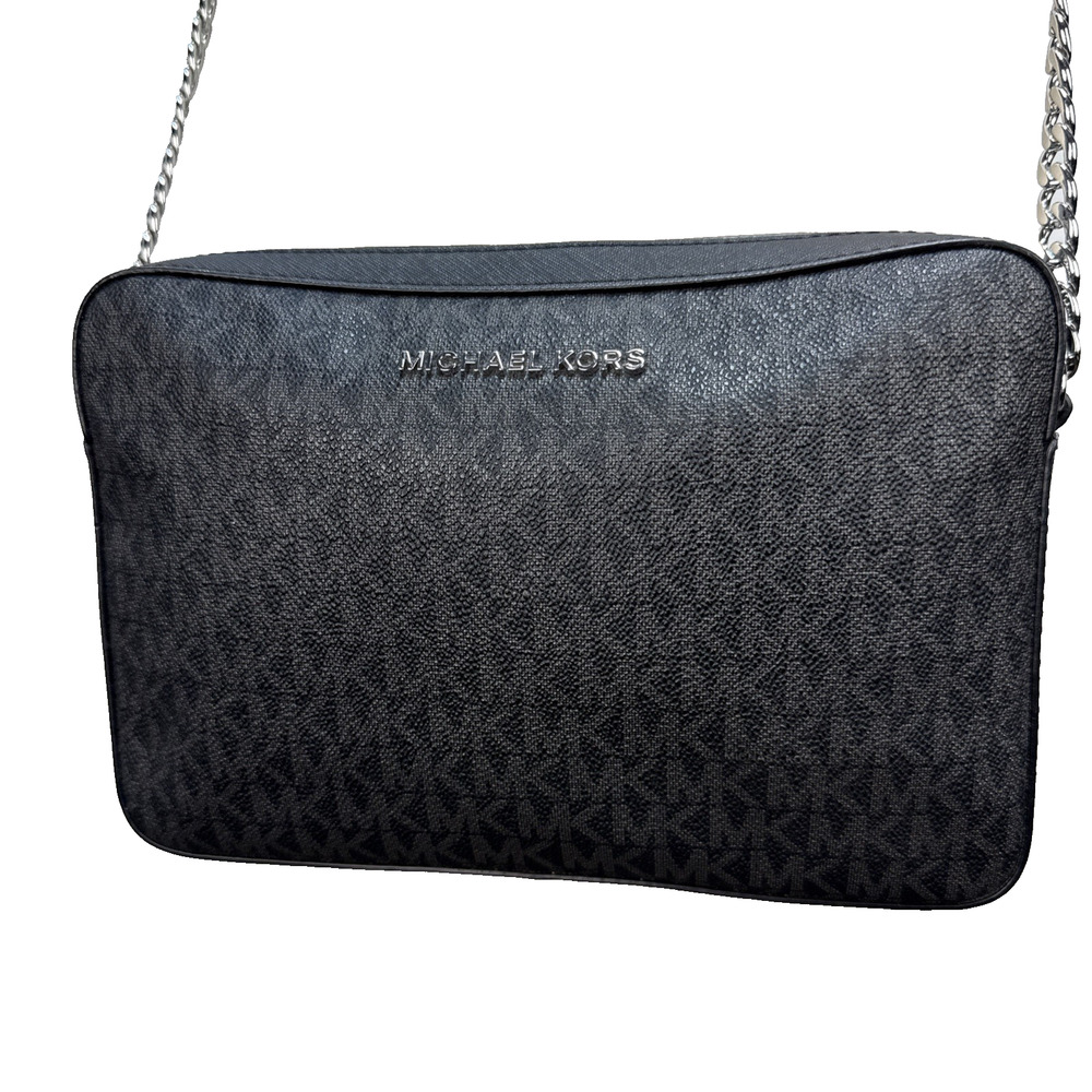 Michael Kors Black Jet Set Large Logo Crossbody Bag Purse Silver Classic Minimal